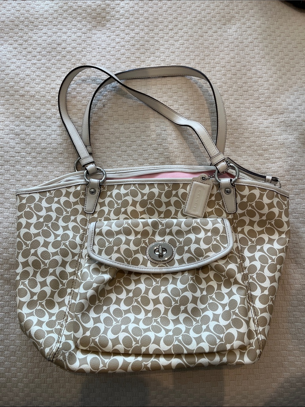 Coach Khaki and Chalk Signature Canvas Tote with Pink Accent